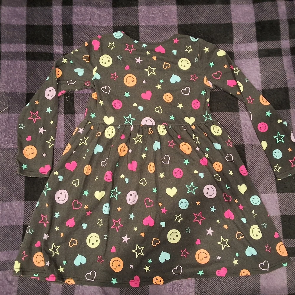Girls' Black Smiley & Hearts Long Sleeve Dress